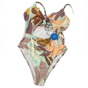 Cupshe Women Tropical Cutout One-Piece Swimsuit - Mint, Brown & Peach